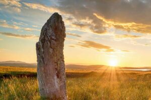 Standing stones at the Callanish IV stone circle also known as Ceann Hulavig stone circle on the Isle of Lewis in the Outer Hebrides of Scotland